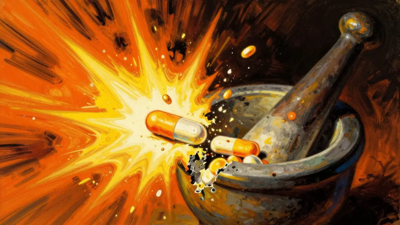 Illustration of a crushed extended-release pill releasing its contents explosively.