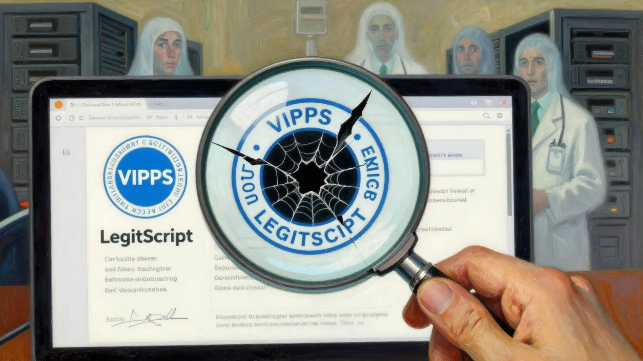 Magnifying glass revealing cracks in a fake pharmacy verification seal