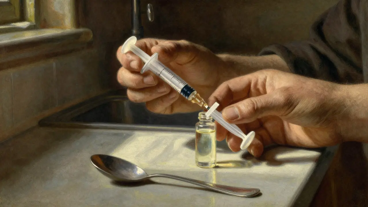 Parent using oral syringe to measure liquid medicine, avoiding kitchen spoons
