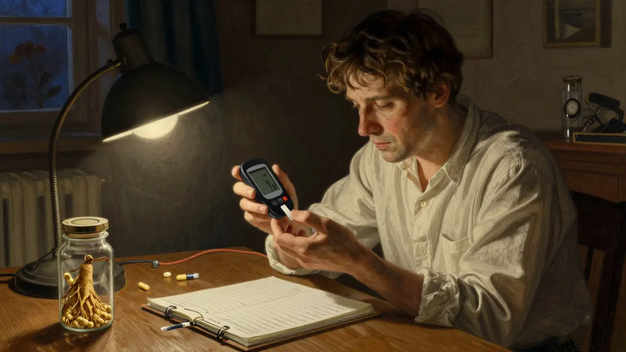 Patient checking blood glucose monitor with ginseng nearby