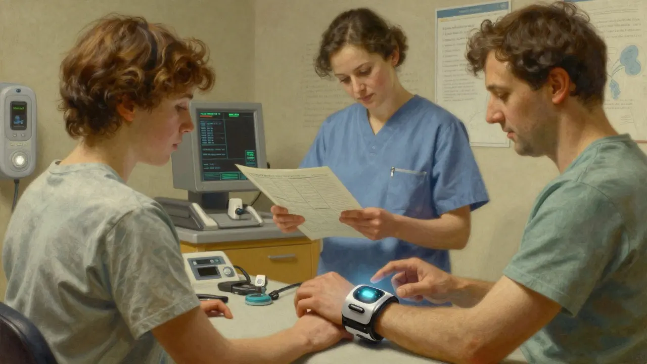 Patient using wearable tech for proactive health management.