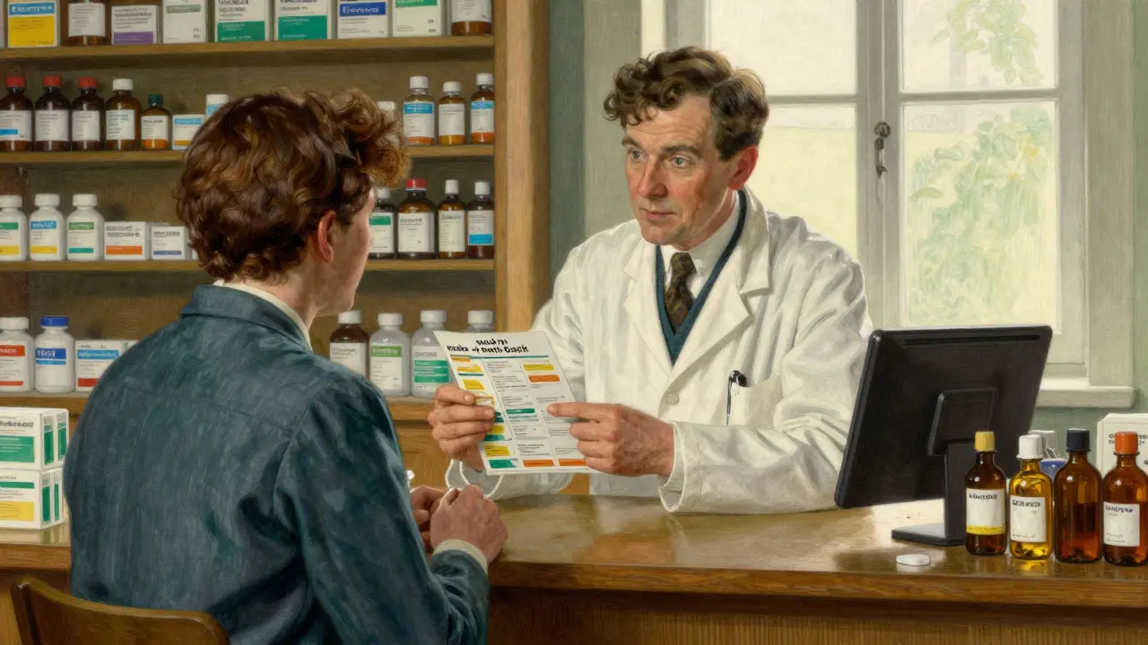 Pharmacist explaining medication instructions to a patient in a classic pharmacy.