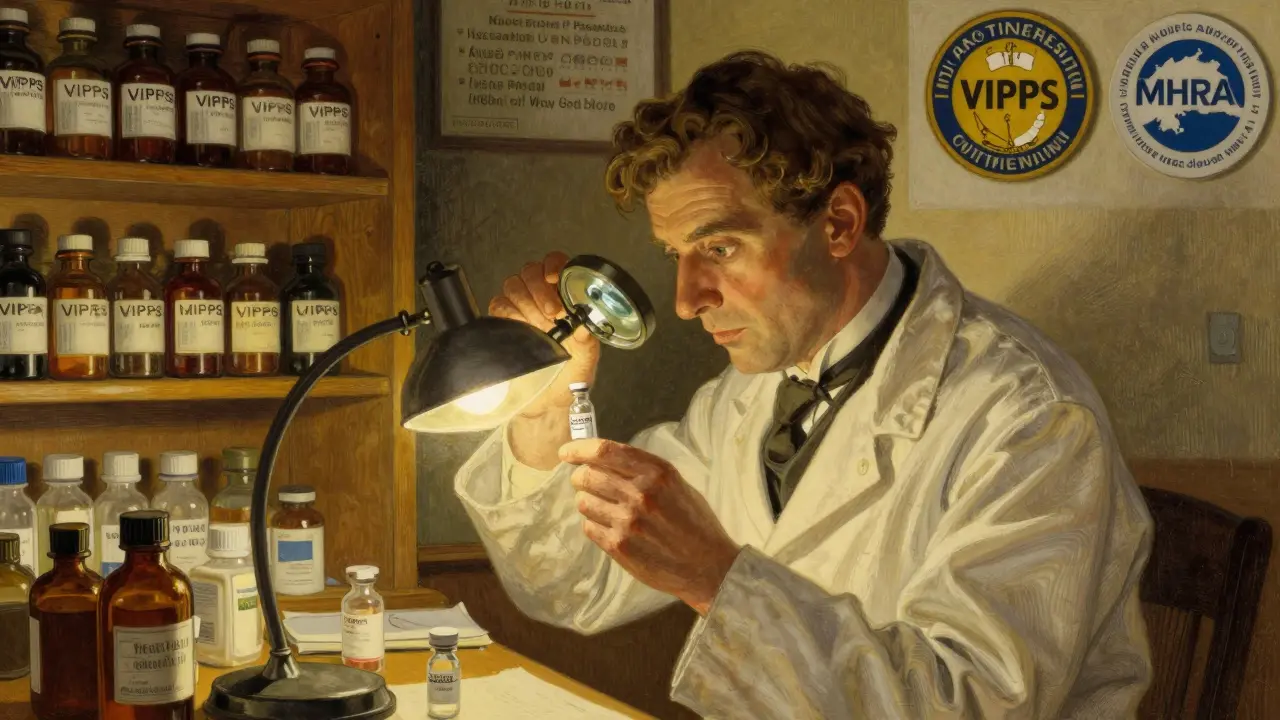 Pharmacist verifying drug authenticity with official safety seals
