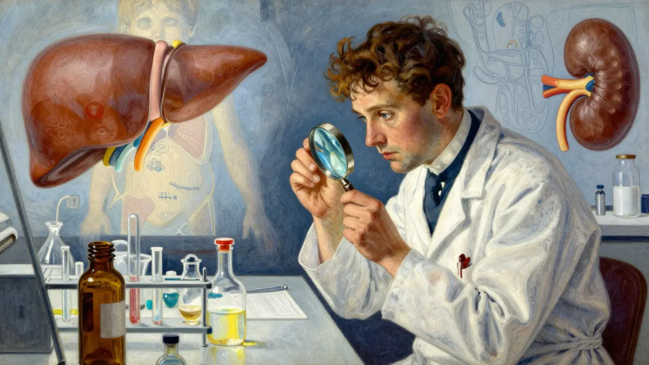 Scientist analyzing medicine vial with child anatomy diagrams floating nearby