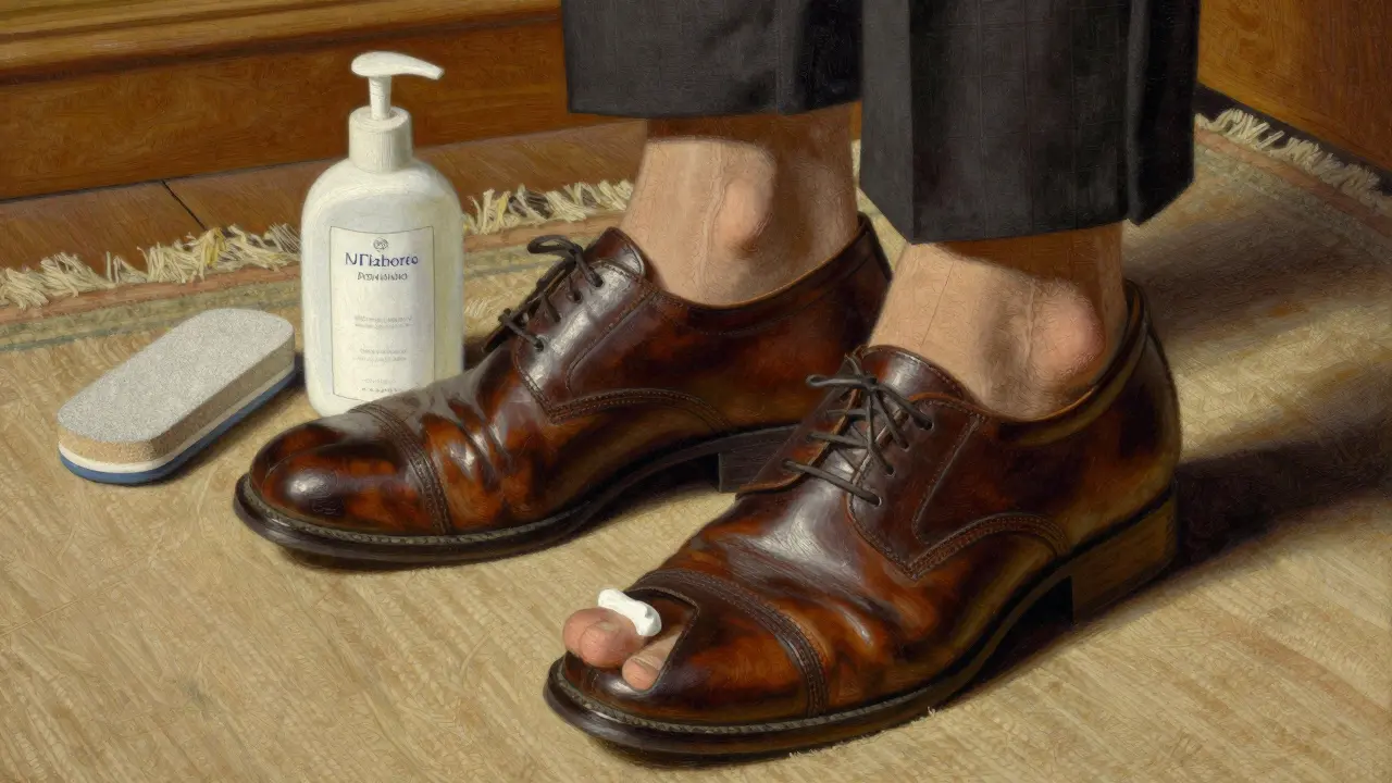 Sturdy therapeutic shoes and foot care tools arranged on a rug