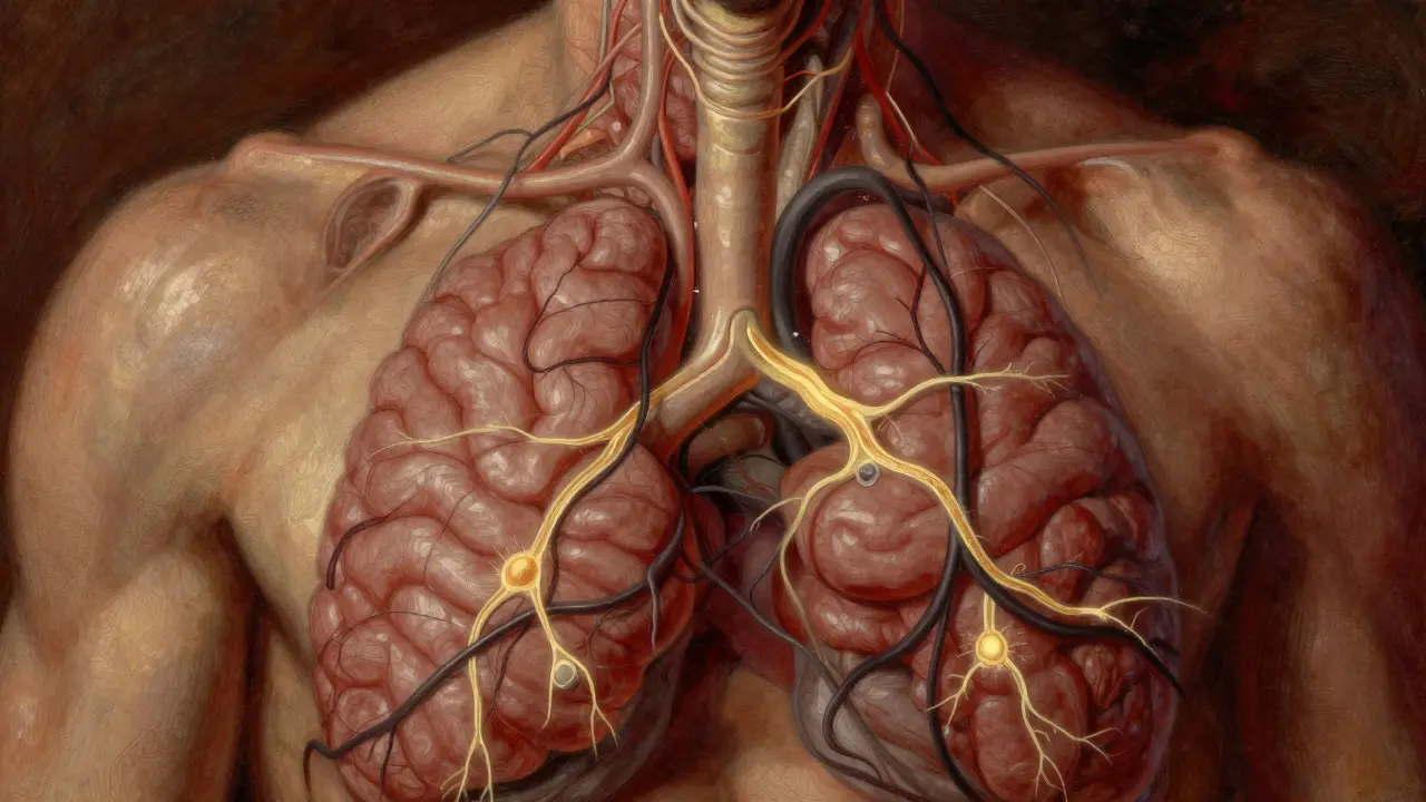 Artistic depiction of brainstem neurons being blocked by opioids, stopping breath