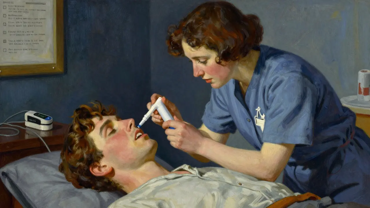 Caregiver administering naloxone spray to restore breathing in a warm-lit room