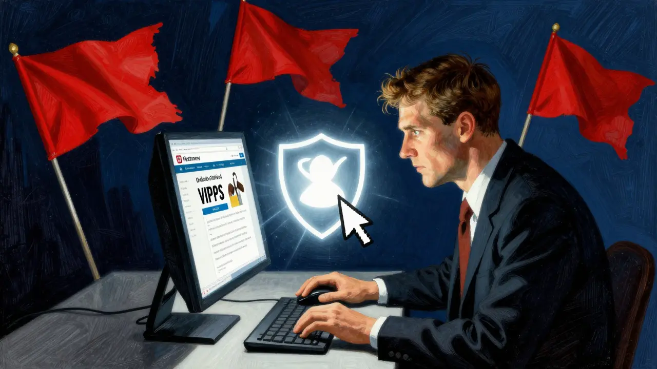 Consumer verifying safe online pharmacy amidst warning signs