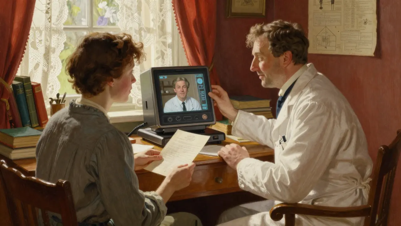 Doctor consulting with patient via telehealth in warm, sunny room