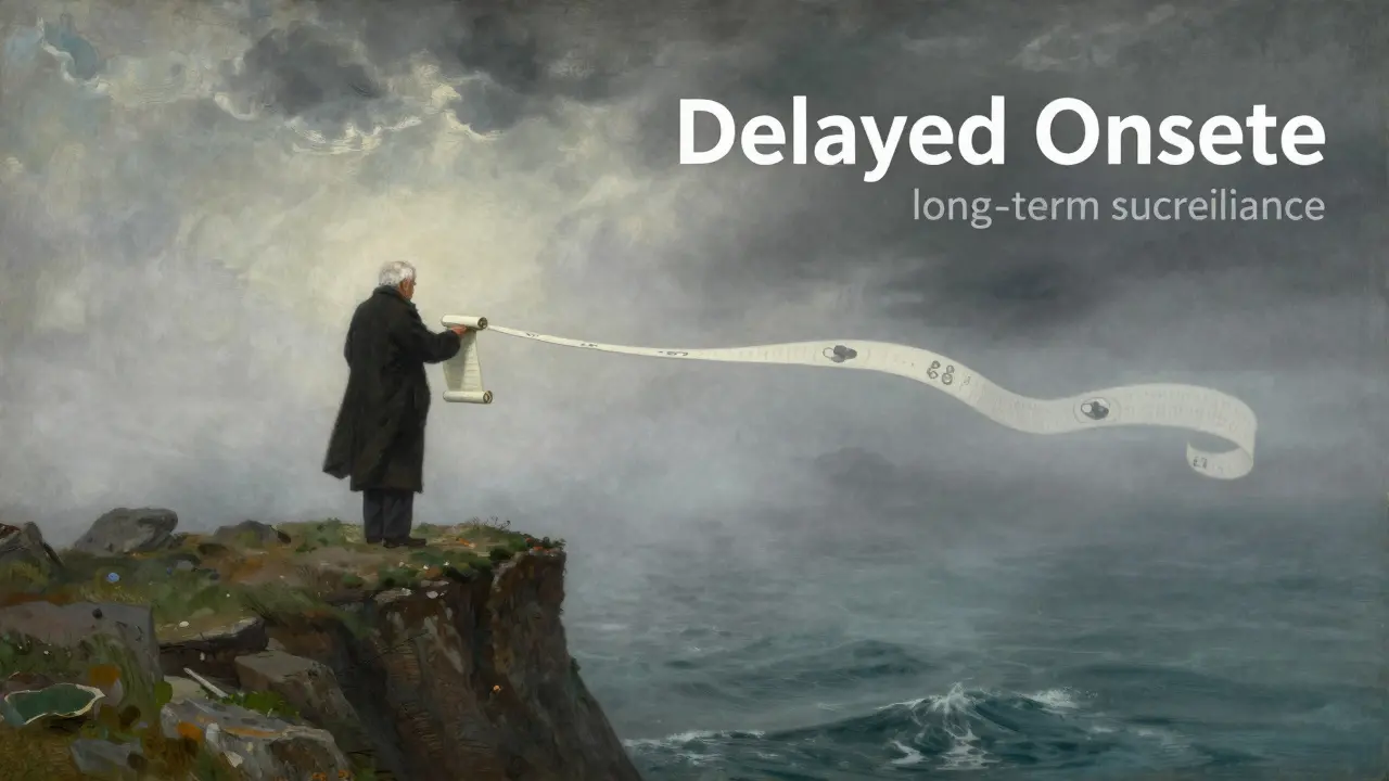 Figure on cliff with long scroll, symbolizing delayed drug side effects over time