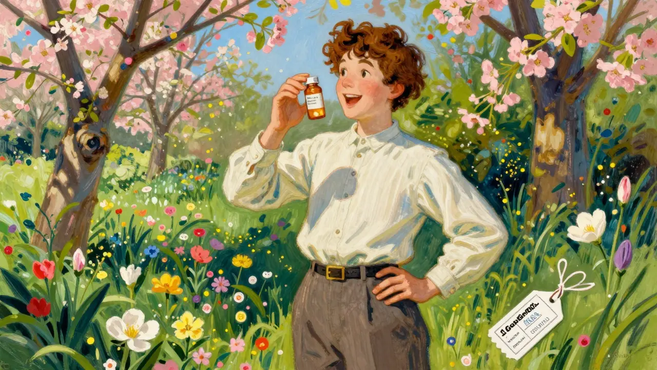 Happy person holding allergy pills in a sunny garden with a discount tag
