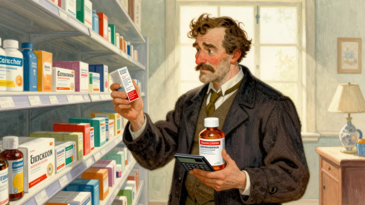 Happy shopper choosing large value pack of generic painkillers