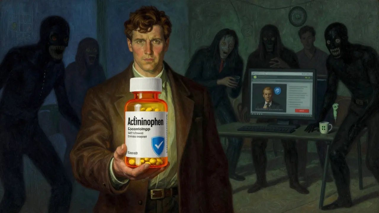 Illustration contrasting safe generic meds with dark, shadowy scam threats