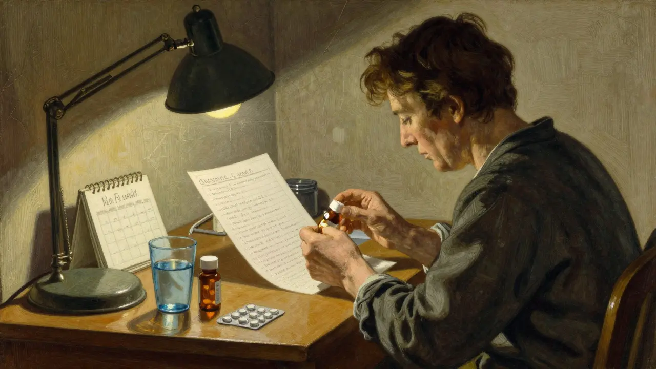 Patient carefully checking medication bottles against a written list