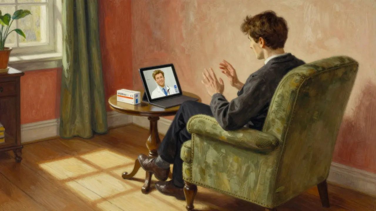 Patient having a safe telehealth video consultation at home