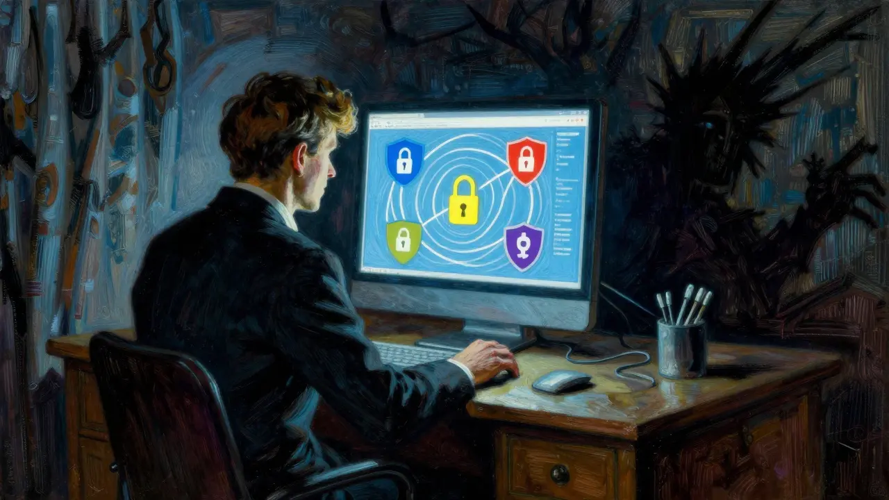 Person checking secure website icons on a computer screen amidst shadows