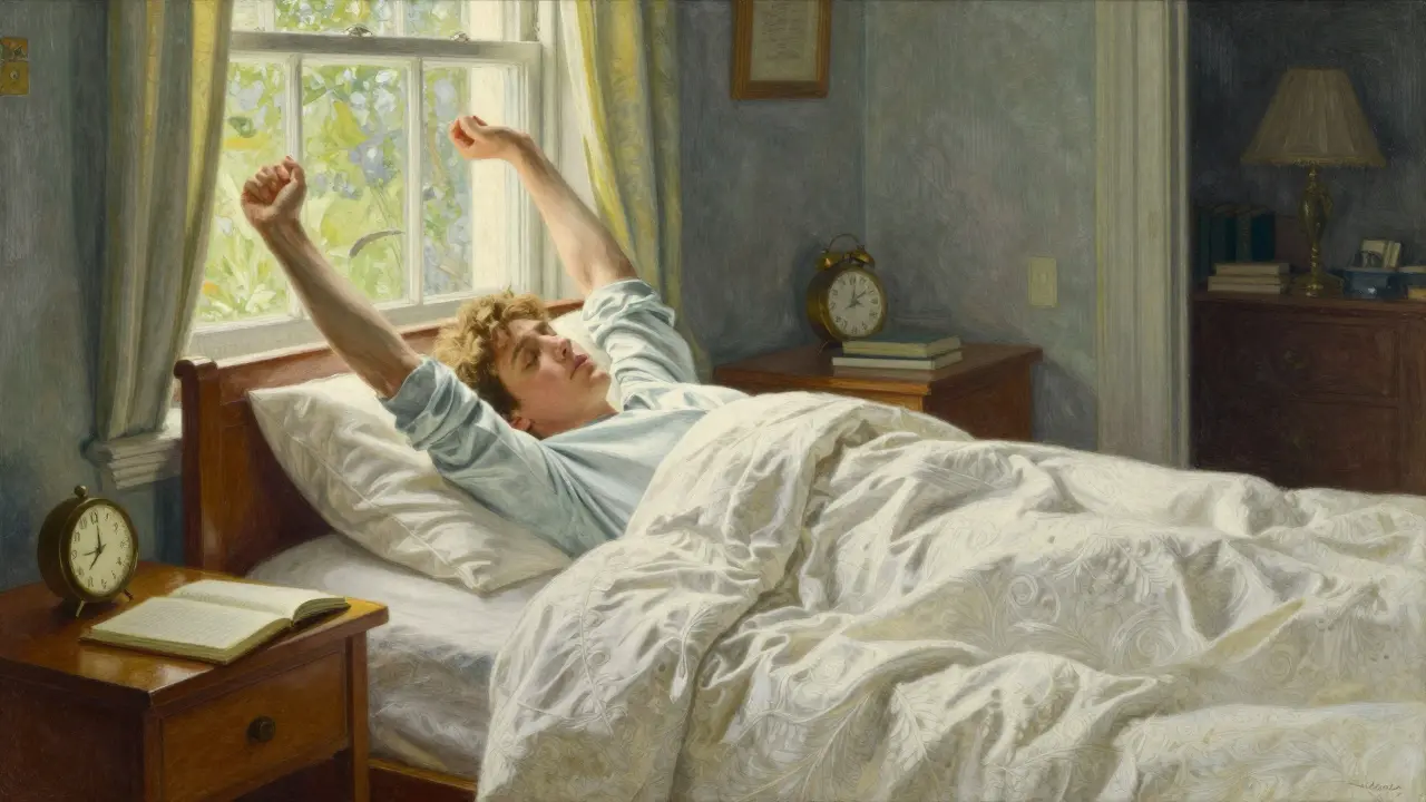 Person practicing sleep hygiene in a bright, peaceful bedroom