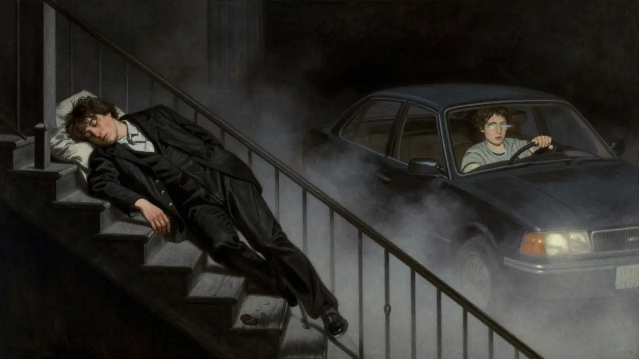 Sleepwalker descending stairs and driver with blurred vision