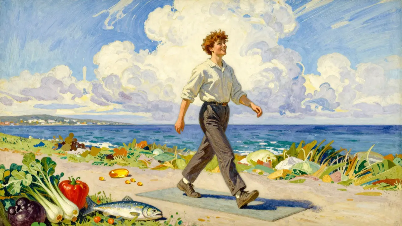 Active person walking outdoors with healthy food items, symbolizing PsA management.