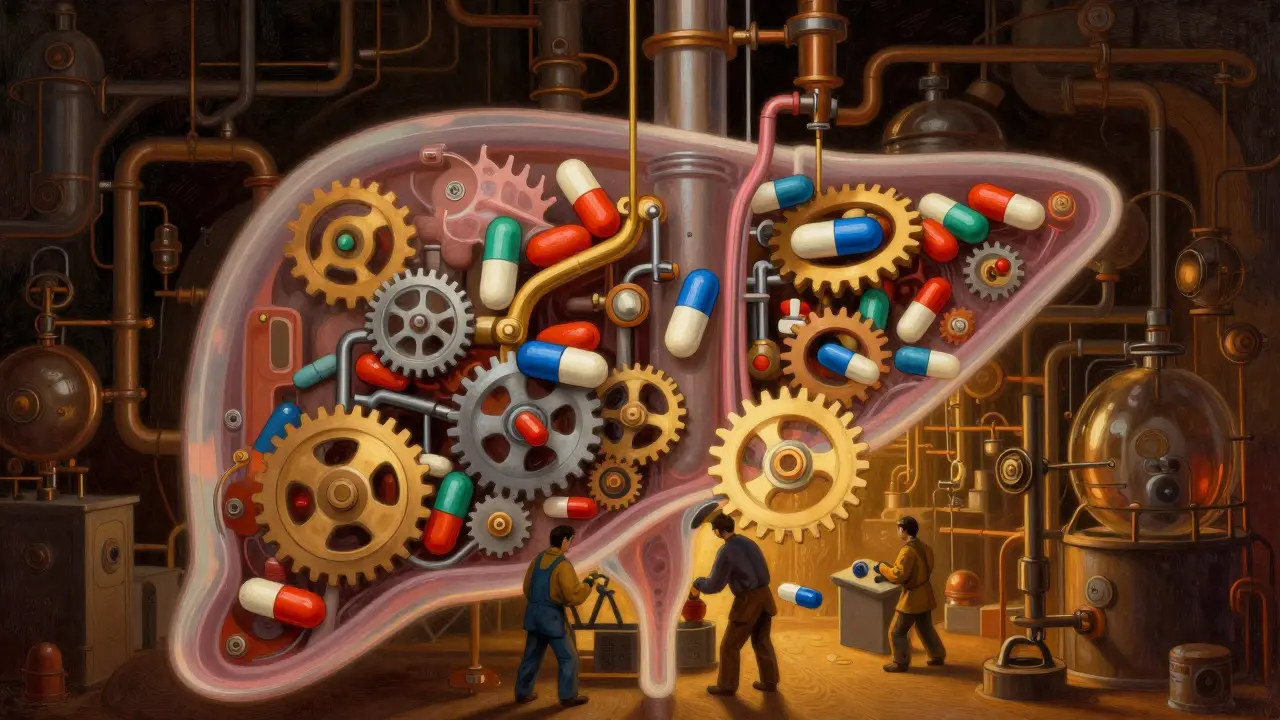 Allegorical illustration of liver enzymes processing drugs at different speeds