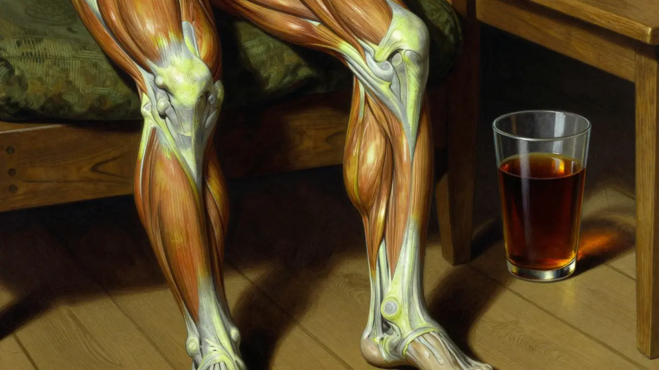 Close-up of swollen inflamed muscles and a glass of dark tea-colored urine