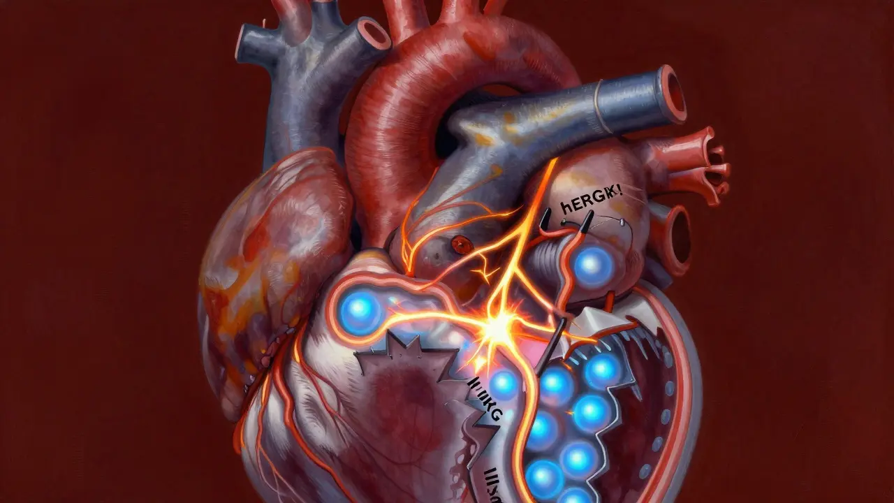 Conceptual art of heart cells with blocked potassium channels causing arrhythmia