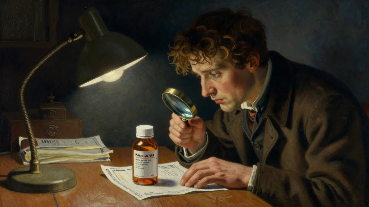 Consumer inspecting medicine bottle with magnifying glass under lamp