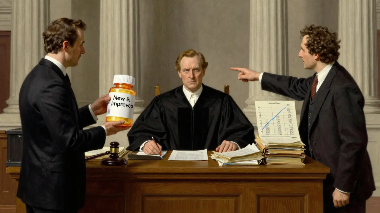 Courtroom debate over pharmaceutical patent strategies and pricing