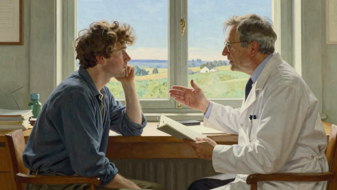 Doctor and patient discussing treatment plan in a bright, calm office