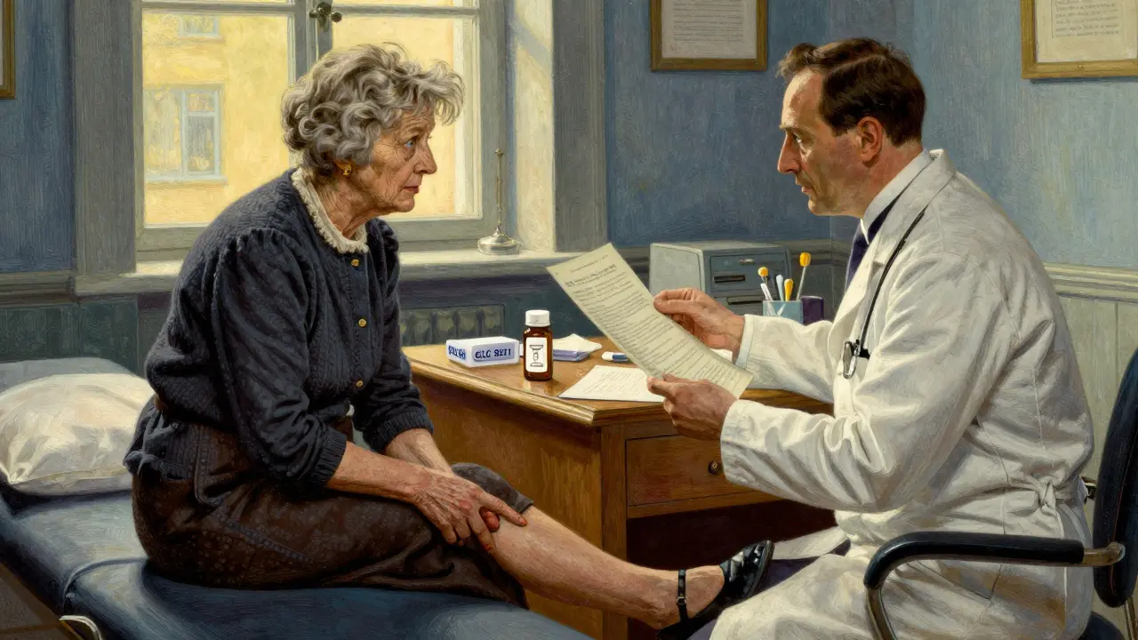 Doctor consulting with an elderly patient about statin side effects and genetics