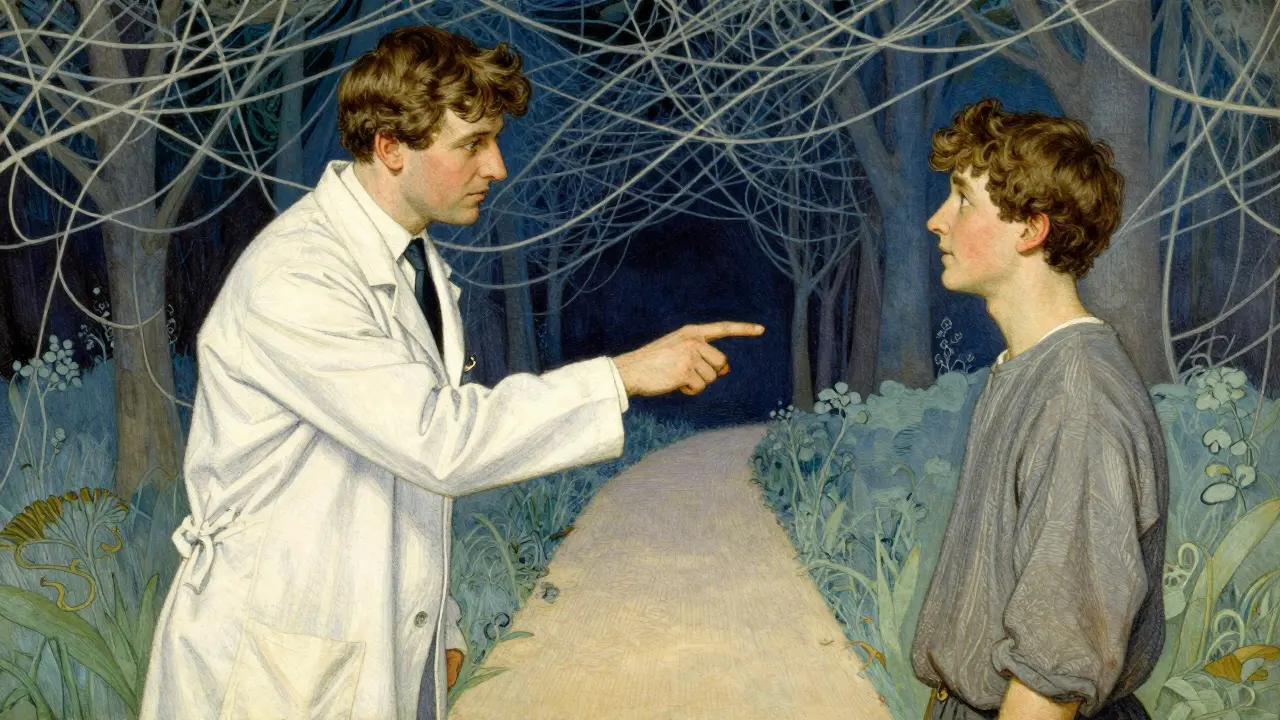 Doctor guiding a patient through a clear path away from medical confusion