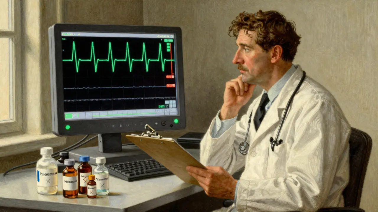 Doctor reviewing ECG monitor while choosing safe antiemetic medication