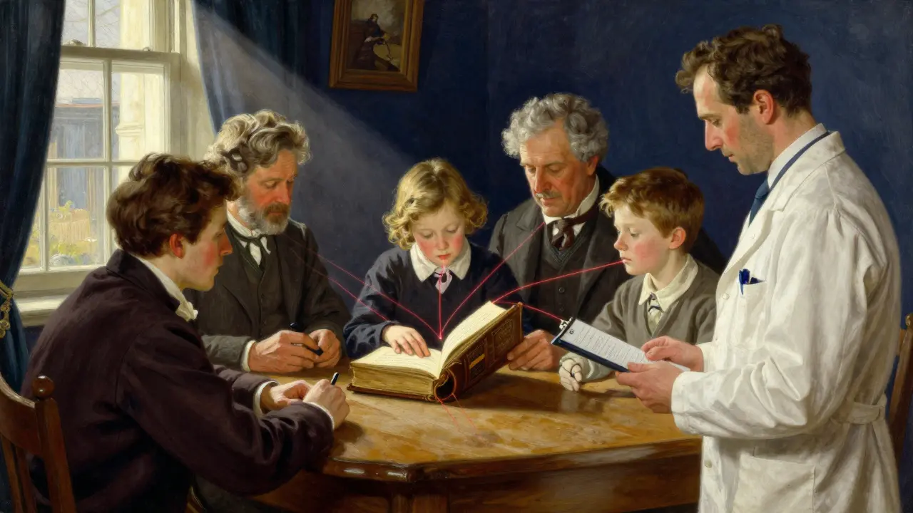 Family reviewing medical history journal with glowing genetic connection lines