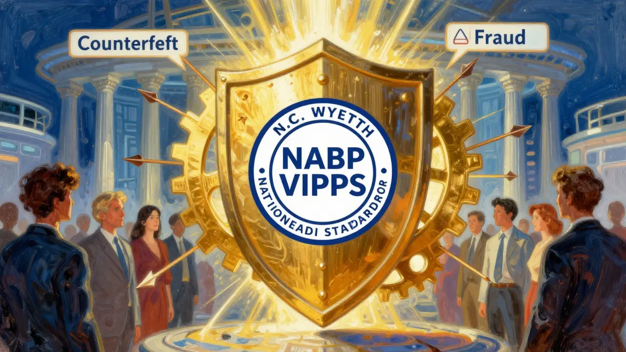 Golden shield protecting people from fraud arrows, symbolizing verified online pharmacy safety.
