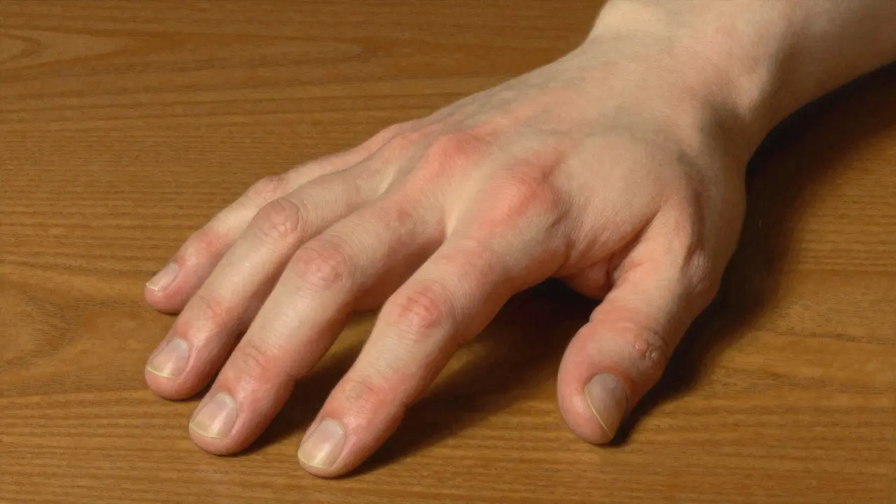Hand showing swollen sausage digits and pitted nails indicative of psoriatic arthritis.