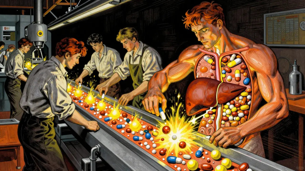 Liver enzymes depicted as workers breaking down drugs on an assembly line