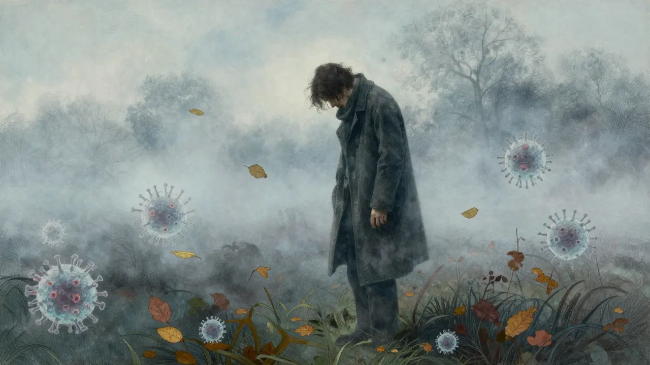 Melancholy N.C. Wyeth illustration of a weary figure surrounded by misty viral particles in a blue landscape.
