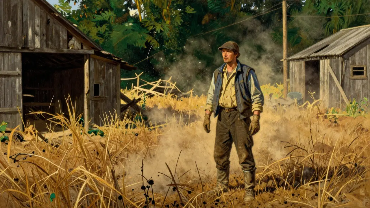 N.C. Wyeth style artwork of a farmer in a dusty field, illustrating fungal pneumonia exposure risks.