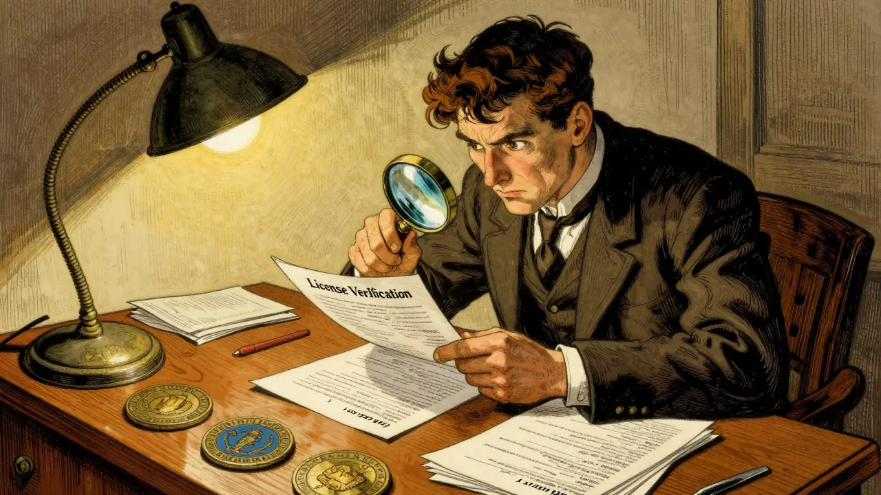 Person using a magnifying glass to check pharmacy license documents under a warm lamp light.