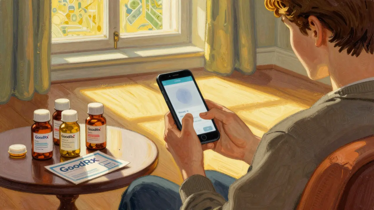 Person using smartphone for telehealth with pills nearby in warm light