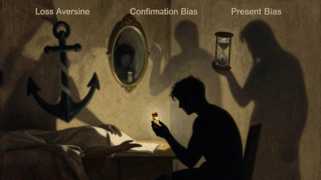 Shadowy figures representing cognitive biases surrounding a patient holding pills
