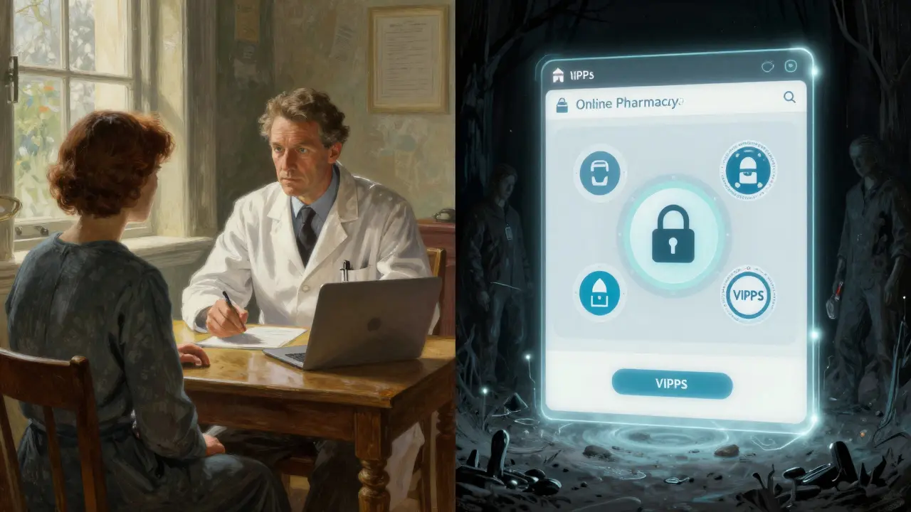 Split scene of telemedicine consult and secure online pharmacy verification