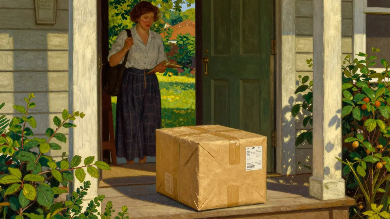 Woman receiving safe medication delivery at her doorstep, N.C. Wyeth style