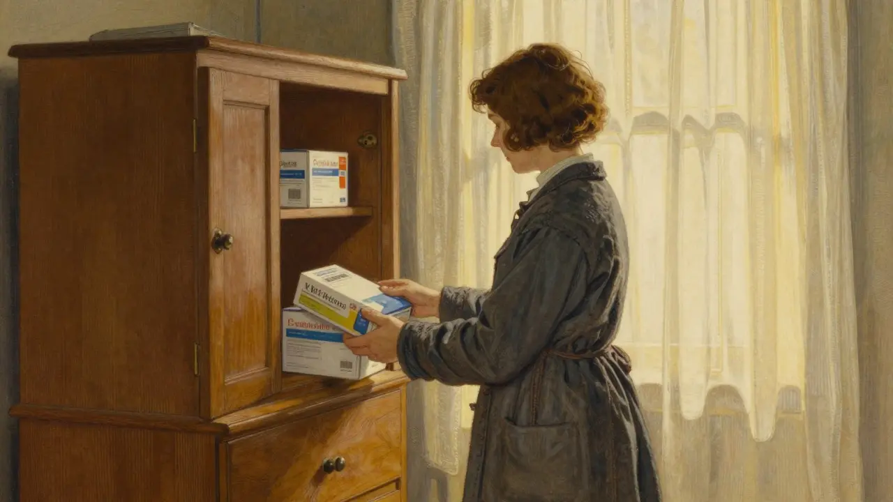 A person storing medication in a cabinet in a sunlit room