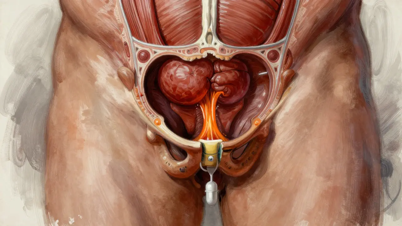 Artistic cross-section showing enlarged prostate and muscle constriction