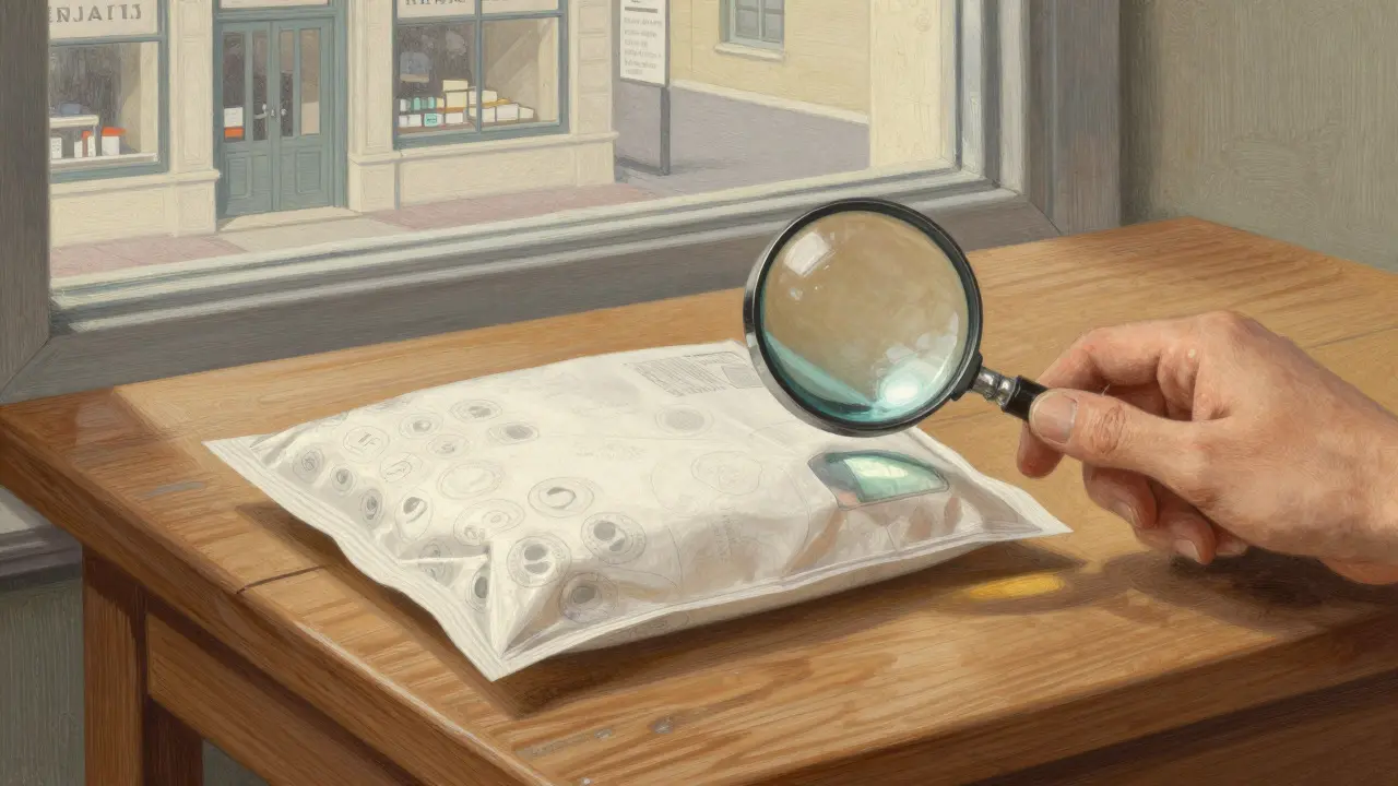Close-up of a hand inspecting a sealed medication package with a magnifying glass