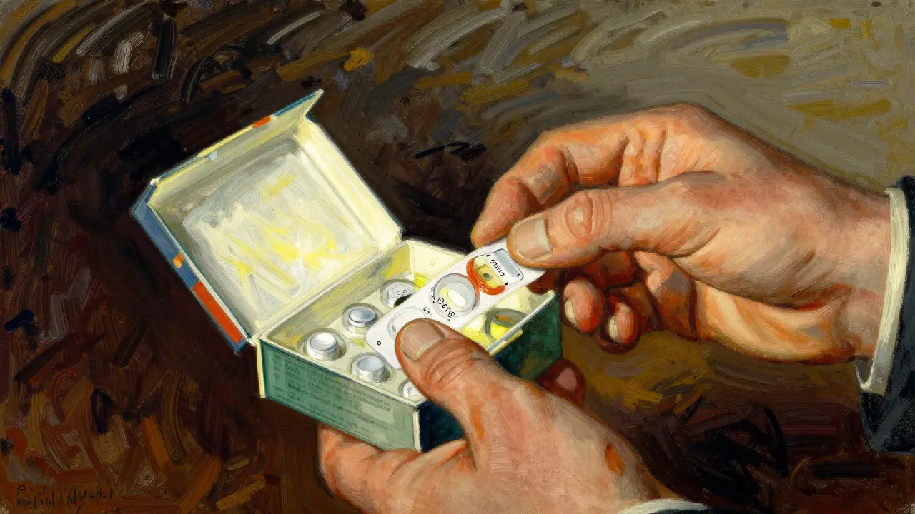 Close-up of hands inspecting a medicine box for authenticity