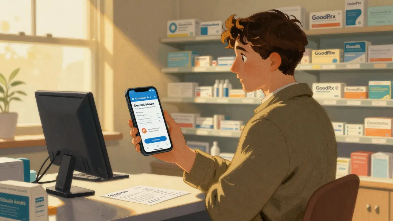 Confident person using discount app at pharmacy counter for safe medication purchase