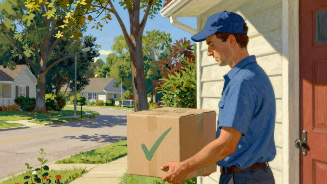 Delivery worker handing over a medicine package on a doorstep in N.C. Wyeth style