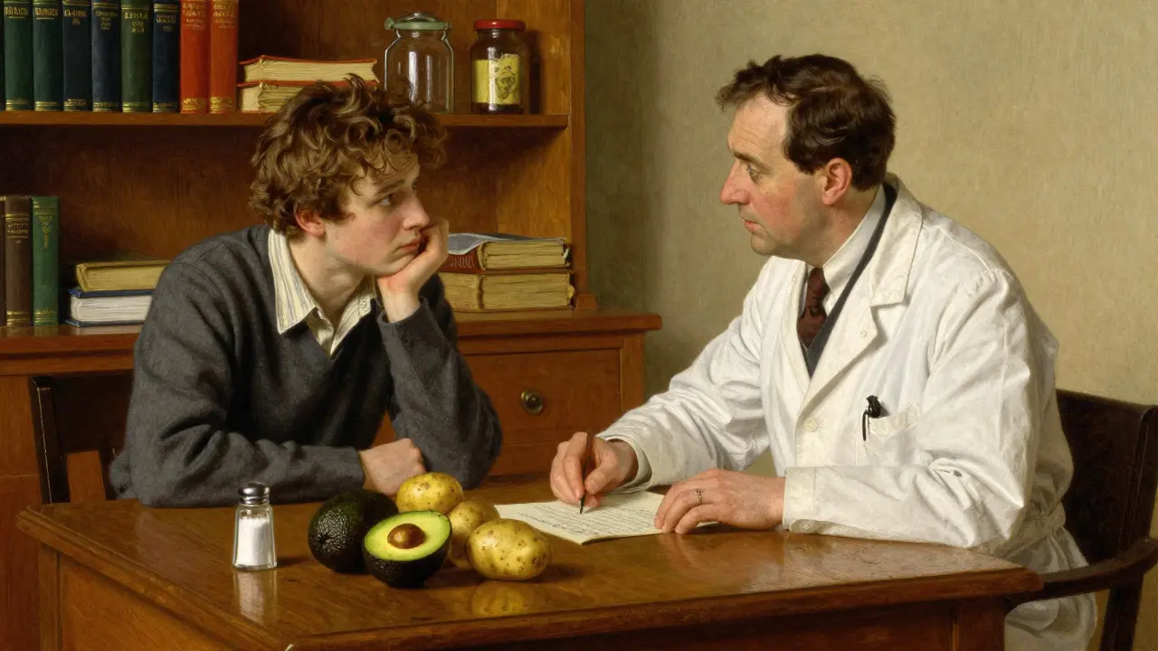 Doctor discussing diet with patient over food items